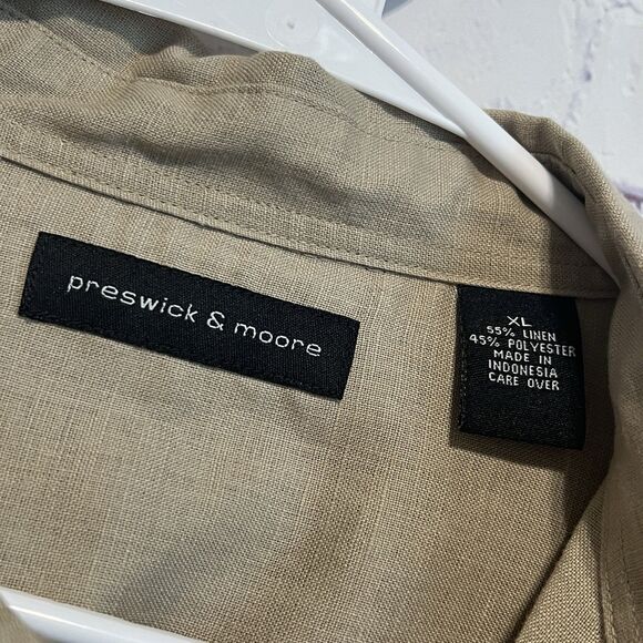 Preswick & Moore Button Up Dress Shirt Mens Sz XL Khaki Linen Blend Corp Church - Picture 3 of 9